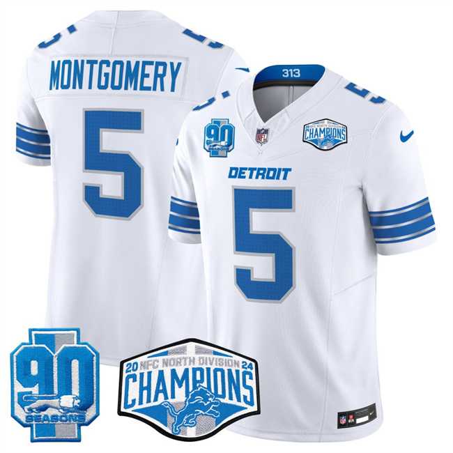 Mens Detroit Lions #5 David Montgomery White 2024 NFC North Champions 90th Anniversary Patch F.U.S.E. Vapor Limited Stitched Jersey